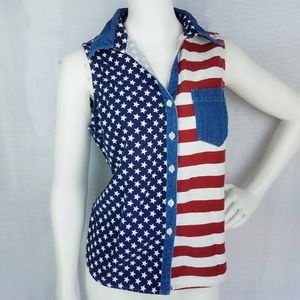 American Flag Denim Sleeveless Button Up Shirt USA